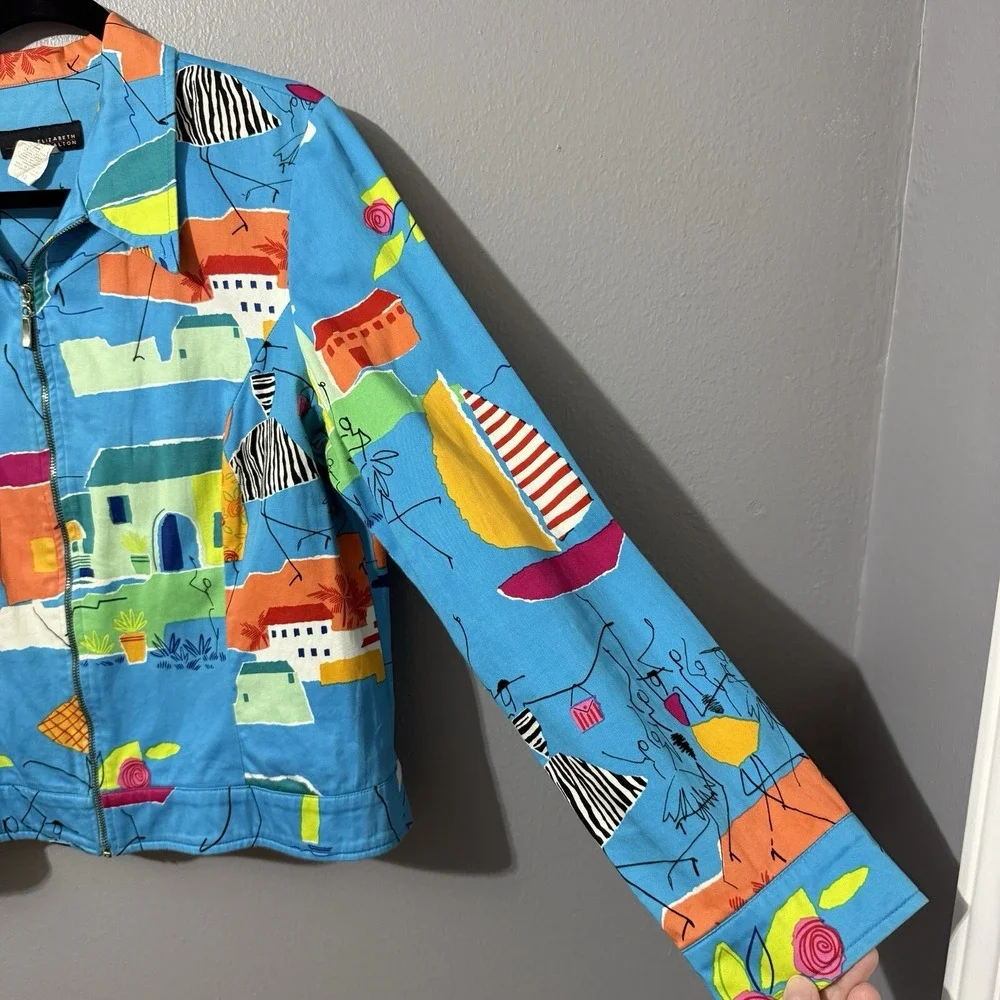 Vtg Women's Jacket Coat Sz 12 Funky Art To Wear Full Zip Houses Boats Travel 90s